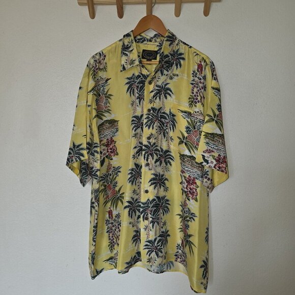 Hawaiian Silk Company Men’s XL Aloha Hawaiian Shirt Yellow Palm Tree Pineapple - Picture 2 of 13